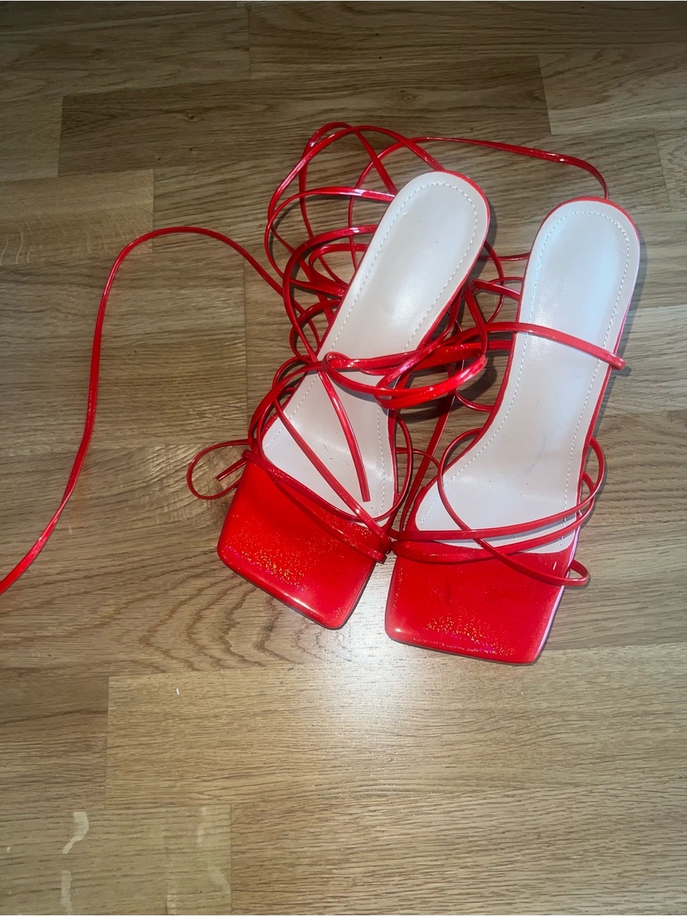 Red Strappy Square-Toe Women's Heels